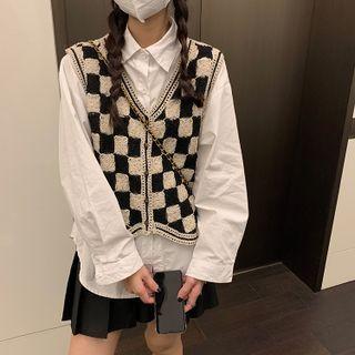 Check Sweater Vest / Shirt Vest - Black & White - One Size