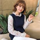 Rib-knit Panel Frilled Floral Blouse