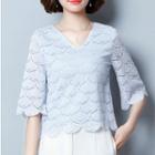 Elbow-sleeve V-neck Lace Top