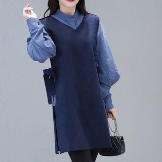Set: Balloon-sleeve Shirt + Side-tie Long Vest