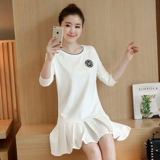 Pleated Hem Embroidered Long Sleeve Dress