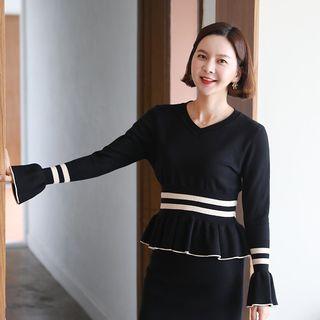 Set: V-neck Bell-sleeve Contrast-trim Knit Top + Band-waist Midi Skirt