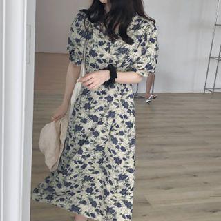 Floral Short-sleeve Midi A-line Dress Purple Floral - Off-white - One Size