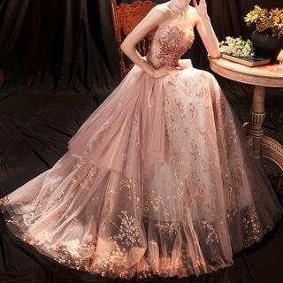 Strapless Floral Embroidered Evening Ball Gown