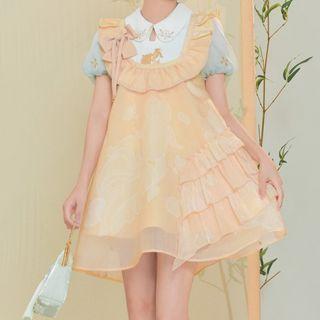 Puff-sleeve Print Blouse / Frill Trim Mini Overall Dress