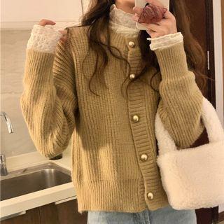 Plain Cardigan / Long-sleeve Turtleneck Lace Top