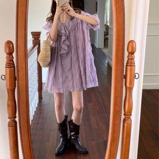 Bell-sleeve V-neck Ruffle Dress Purple - One Size