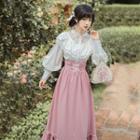 Puff-sleeve Lace Panel Blouse / Lace-up Midi A-line Skirt / Set