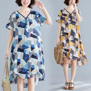 Print V-neck Short-sleeve Asymmetrical Dress