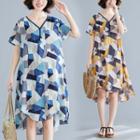 Print V-neck Short-sleeve Asymmetrical Dress