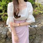 Puff Sleeve Square Neck Blouse / Check Skirt