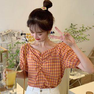 Puff-sleeve Plaid Crinkled Top