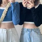 Color Block Round-neck Long-sleeve Cropped Top