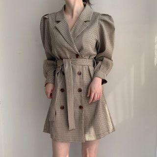 Double Breasted Plaid Mini A-line Coat Dress
