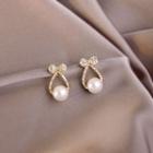 Bow Rhinestone Faux Pearl Dangle Earring A239 - 1 Pair - Gold - One Size