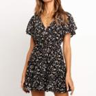 Short-sleeve Floral A-line Dress Black - S