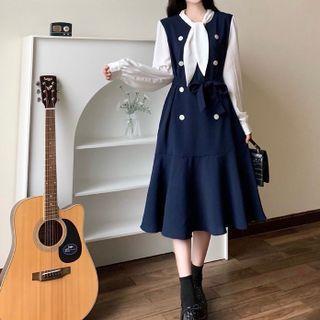 Tie-neck Two-tone Midi A-line Dress