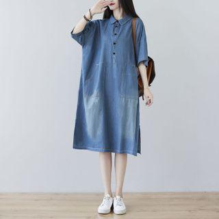 Denim Elbow-sleeve Shirtdress Blue - One Size