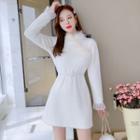 Long-sleeve Faux Fleece Dress With Faux Pearl Belt