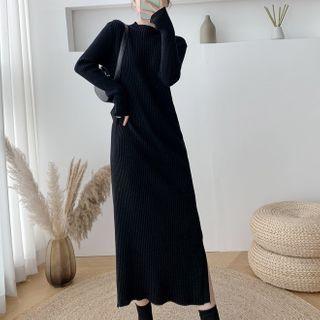 Slit-hem Mock-neck Midi A-line Sweater Dress