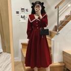 Long-sleeve Frill Trim Midi A-line Velvet Dress