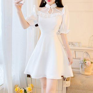 Puff-sleeve Frill Trim Cutout A-line Dress