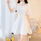Puff-sleeve Frill Trim Cutout A-line Dress