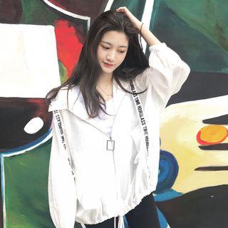 Lettering Drawstring Hooded Windbreaker