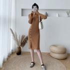 Bell-sleeve Slit Knit Sheath Dress