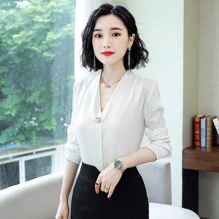 V-neck Faux Pearl Buttoned Blouse
