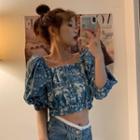 Balloon-sleeve Tie-dyed Cropped Blouse As Shown In Figure - One Size