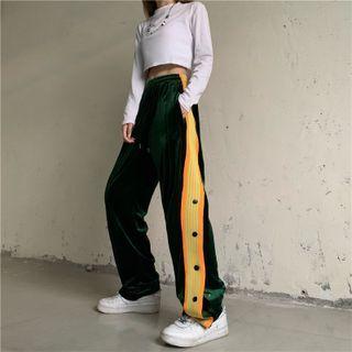 Striped Panel Velvet Wide-leg Pants