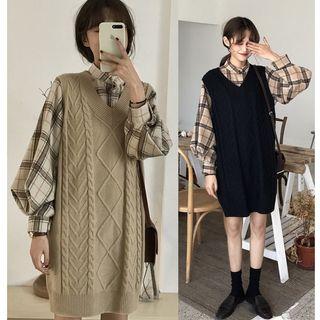 Plaid Blouse / Cable Knit Pinafore Dress