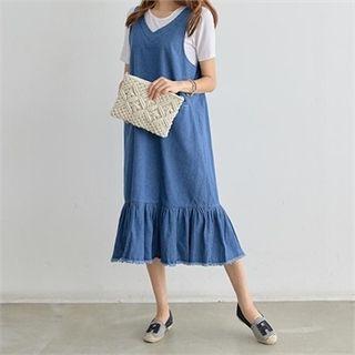 V-neck Sleeveless Frilled Long Jumper Dress