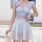 Set: Ruffled Strap Drawstring Tankini + Mesh Cover-up Skirt
