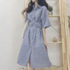 Elbow-sleeve Tie-waist Midi A-line Shirtdress