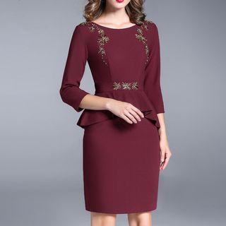 3/4-sleeve Beaded Peplum Dress