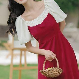 Puff-sleeve Square Neck Two-tone Midi A-line Dress