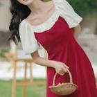 Puff-sleeve Square Neck Two-tone Midi A-line Dress