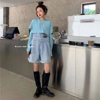Long-sleeve Elbow-cutout T-shirt / Denim Jumper Dress