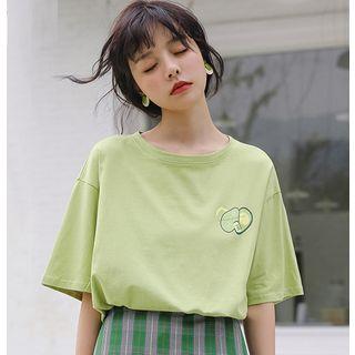 Elbow-sleeve Print T-shirt / Plaid Mini Skirt