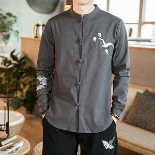 Crane Embroidered Frog-button Shirt