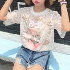 Floral Print Short-sleeve Lace Top