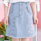 Floral Embroidery Denim A-line Mini Skirt