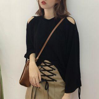 Mock-neck Cutout Shoulder Long-sleeve T-shirt