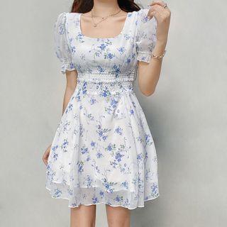 Short Sleeve Square-neck Floral Print Mesh A-line Dress