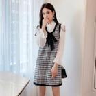 Set: Long-sleeve Top + Plaid Shift Dress