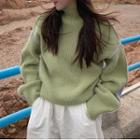 Semi High-neck Color Block Long-sleeve Sweater Purple & Green - One Size