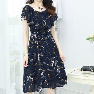 Cut-out Shoulder Ruffle-sleeve Printed Chiffon Dress