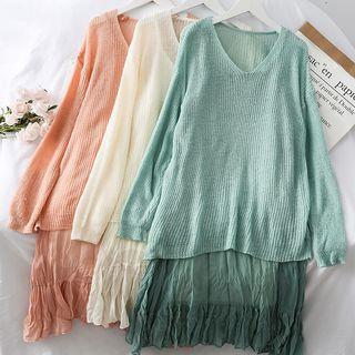 Set: Drop-shoulder Knit Top + Ruched Sleeveless Dress